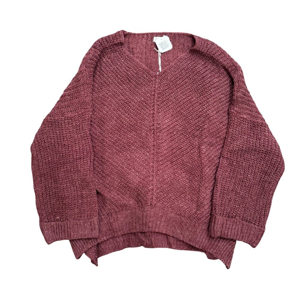 She + Sky V-Neck Oversized Knitted Sweater in Burgundy, Size 2XL